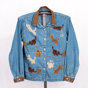 Vintage Tantrums Embroidered Cat Lover Top Women's MEDIUM Chambray Faux Suede